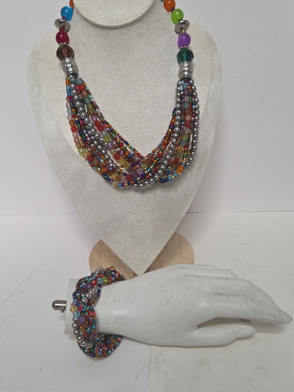Boho Multi-Strand Rainbow Seed Bead Necklace & Bracelet Set.